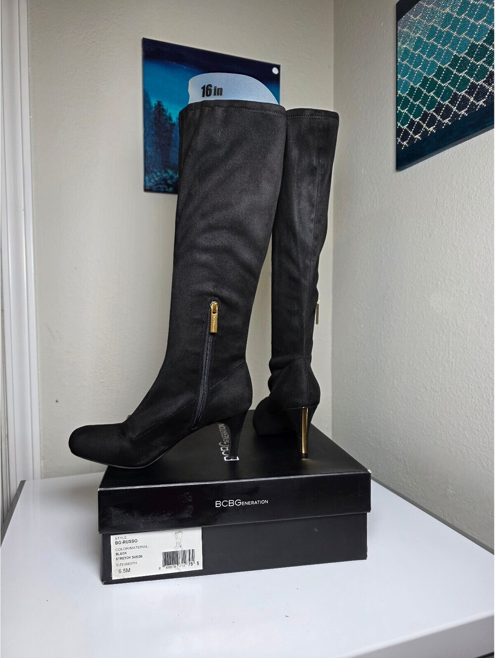 BCBGeneration Black Suede Gold Zipper Gold Kitten Heel Knee High Boots Size 6.5M